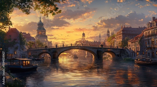 A picturesque sunset over a serene river with a bridge, boats, and historic buildings.