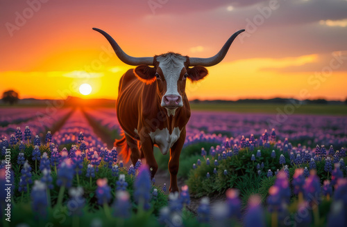 Texas Longhorn cow in a field of bluebonnets at sunset, texas iconic landscape