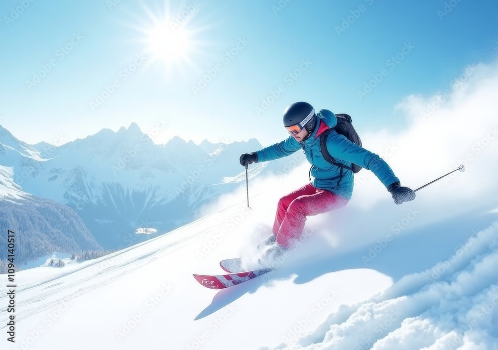 Snowboarder glides down a pristine mountain slope under a bright sun in a winter wonderland adventure Snowboarder glides down a pristine mountain slope under a bright sun in a winter wonderland adventure