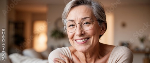 Smiling middle aged mature gray haired woman looking at camera, happy old lady in glasses posing at home indoor, positive single senior retired female sitting on sofa headshot portrait copy space