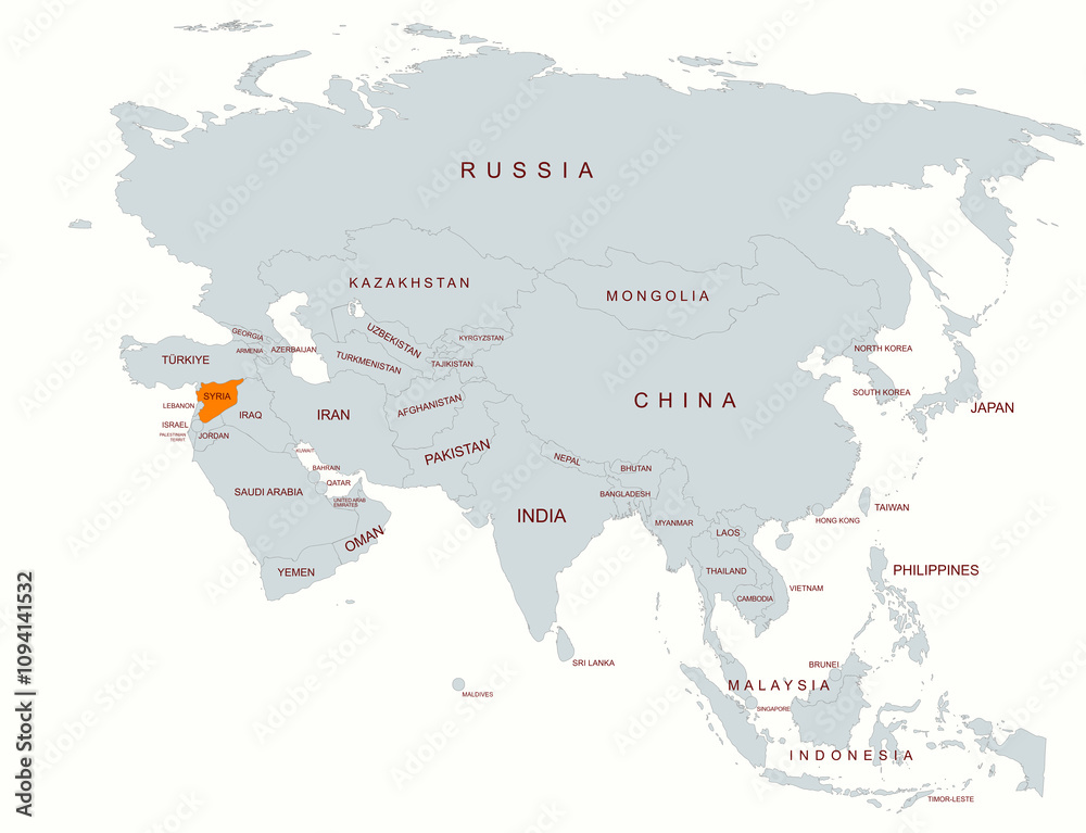 Fototapeta premium Map of Asia Highlighting Syria Among Neighboring Countries