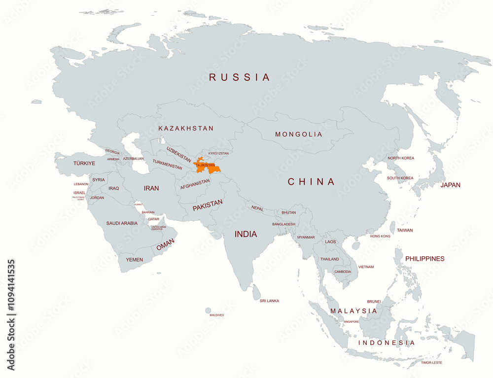 Fototapeta premium Map of Asia Highlighting Tajikistan Among Neighboring Countries