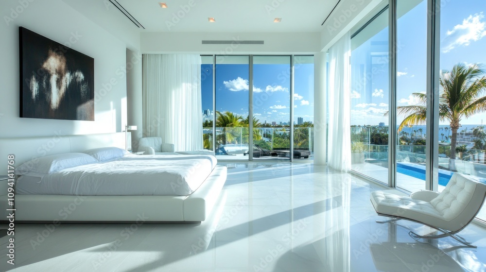 Fototapeta premium Modern white bedroom with ocean view, large windows, and minimalist furniture.