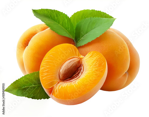 Three whole apricots green leaf top apricot center Delicious with leaves photo