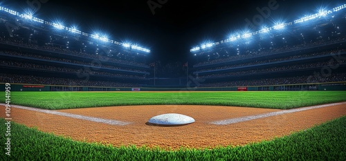 Baseball Stadium at Night with Bright Lights and Lush Green Field Ready for Game