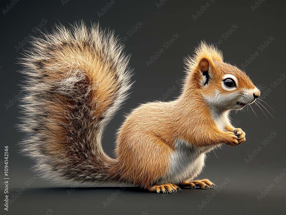 Fototapeta premium A cute red squirrel with a bushy tail, sitting on a dark background.