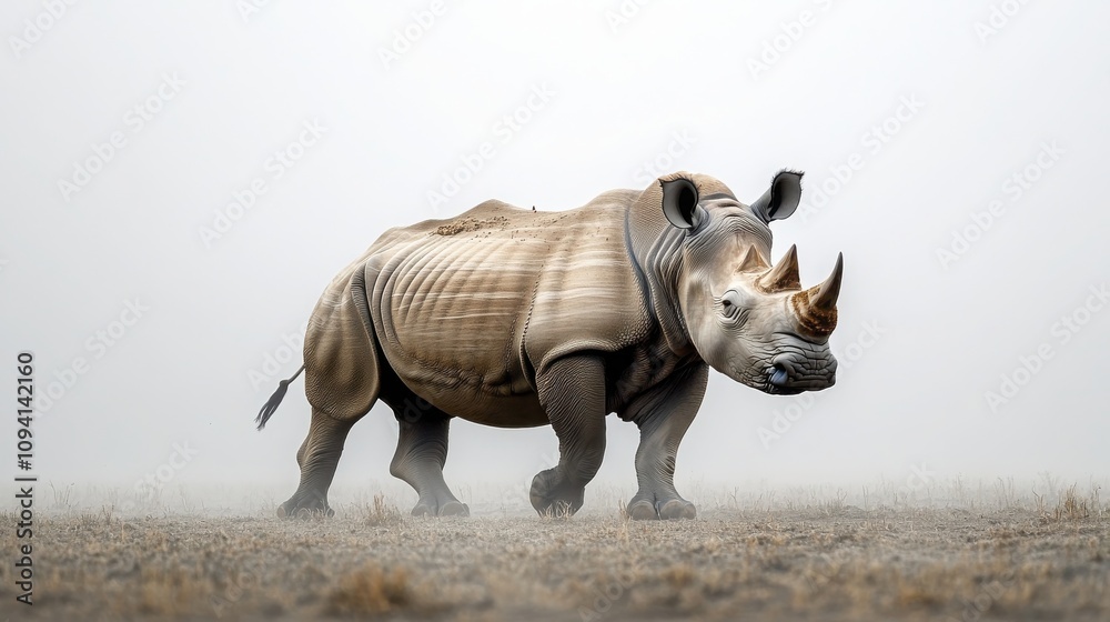 Realistic and Powerful Rhino in Misty Landscape, Showcasing Strength and Natural Beauty in a Foggy Setting Ideal for Wildlife and Nature Themes Realistic and Powerful Rhino in Misty Landscape, Showcasing Strength and Natural Beauty in a Foggy Setting Ideal for Wildlife and Nature Themes