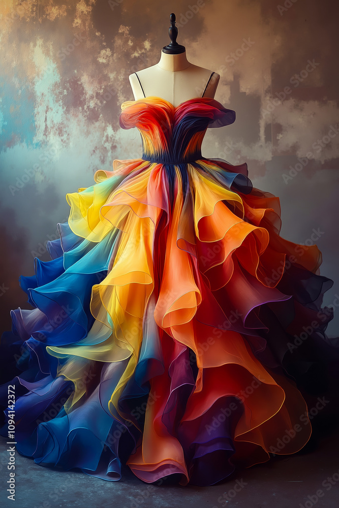 Fototapeta premium A colorful dress on a mannequin in front of a wall