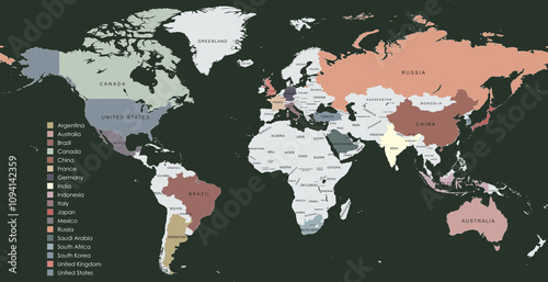 Color-coded world map highlighting G20 countries with names