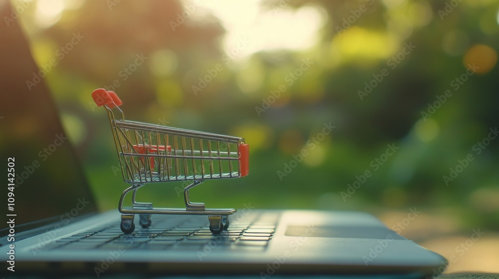 A shopping cart is on a laptop screen A shopping cart is on a laptop screen