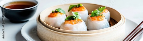 Savoring shrimp dumplings with translucent wrappers in a cozy dim sum restaurant setting