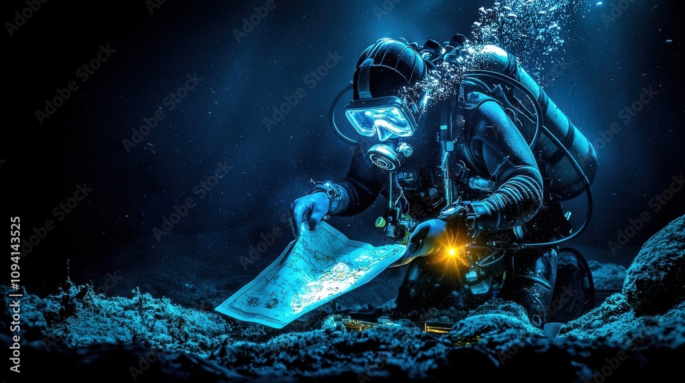 Fototapeta premium Diver exploring submerged cave underwater adventure map navigation aquatic environment close-up view marine exploration