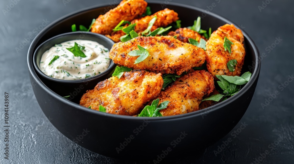 Crispy airfried chicken tenders with creamy garlic dip for quick weeknight dinner at home Crispy airfried chicken tenders with creamy garlic dip for quick weeknight dinner at home