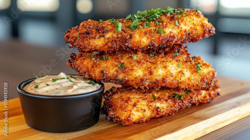 Crispy airfried chicken tenders with creamy garlic dip a flavorful delight for home cooking enthusiasts photo