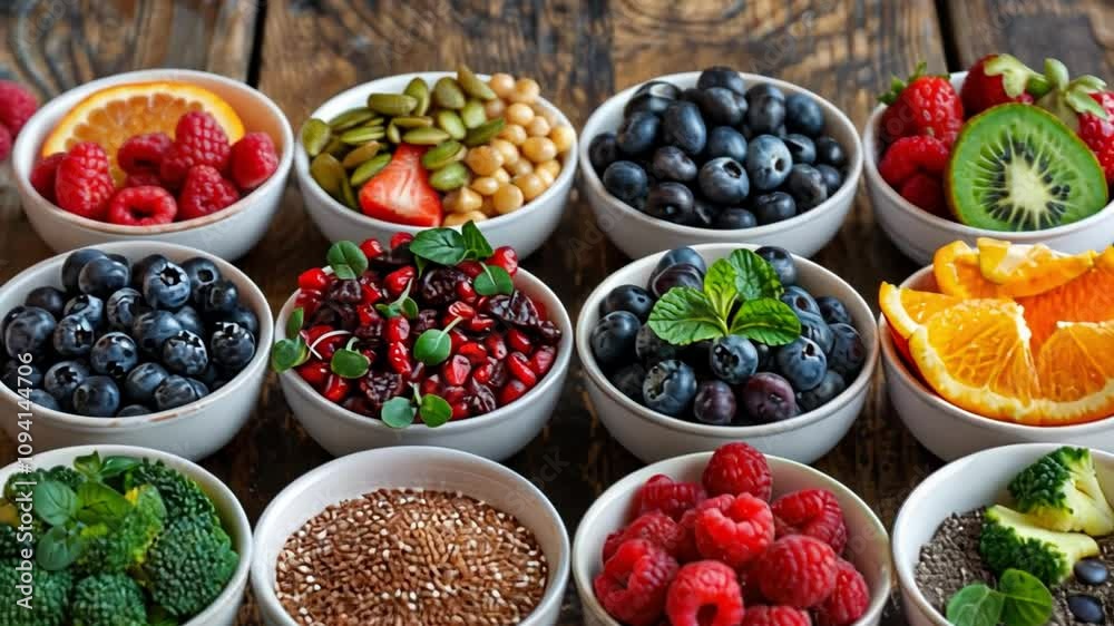 A vibrant display of various fruits such as blueberries, raspberries, and oranges, alongside healthy seeds and greens, artistically arranged in bowls on a wooden table. A vibrant display of various fruits such as blueberries, raspberries, and oranges, alongside healthy seeds and greens, artistically arranged in bowls on a wooden table.