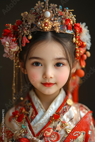 A little girl wearing a red and gold chinese dress and a crown photo
