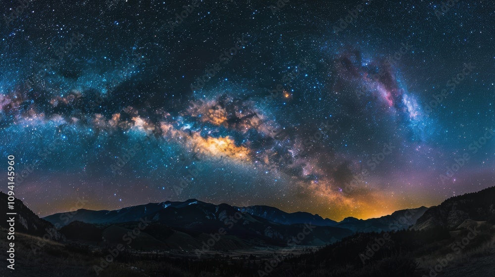 Naklejka premium The vibrant Milky Way galaxy stretches across the night sky, casting a glow over tranquil mountain scenery as twilight descends