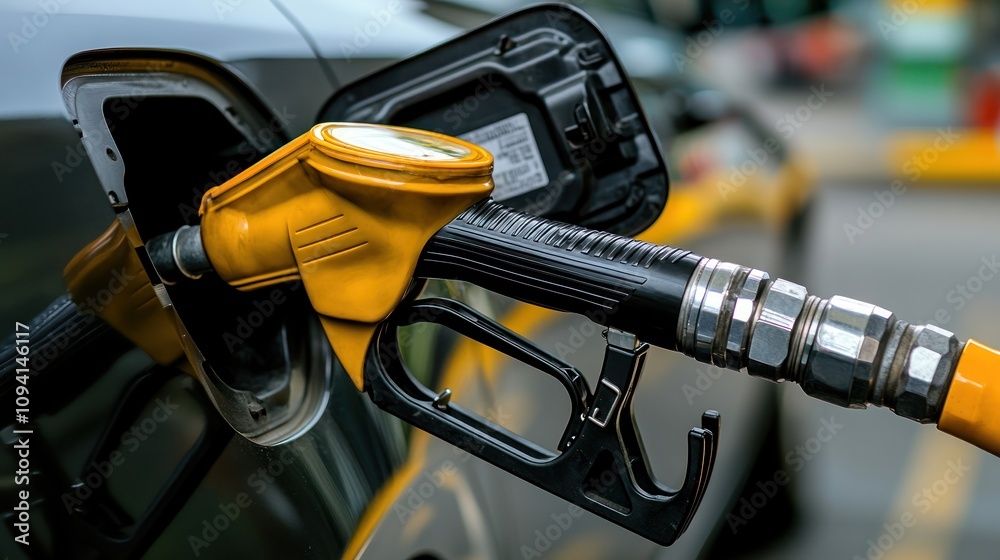 A fuel pump nozzle inserted into a vehicle's gas tank, ready for refueling. A fuel pump nozzle inserted into a vehicle's gas tank, ready for refueling.