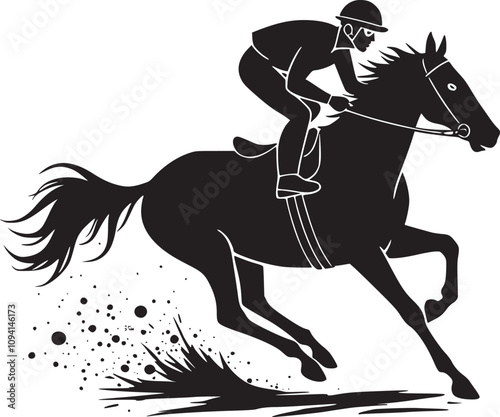 Jockey and racing horse in full motion, dynamic equestrian illustration