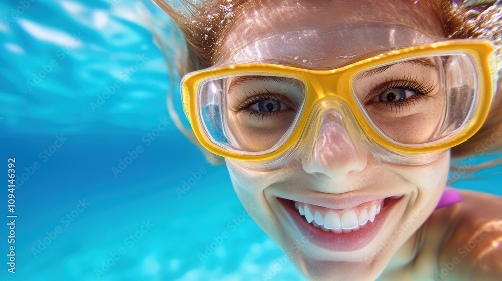 Naklejka premium Underwater, a woman wearing yellow goggles swims happily in a clear blue pool, capturing the joy of leisurely summer activities
