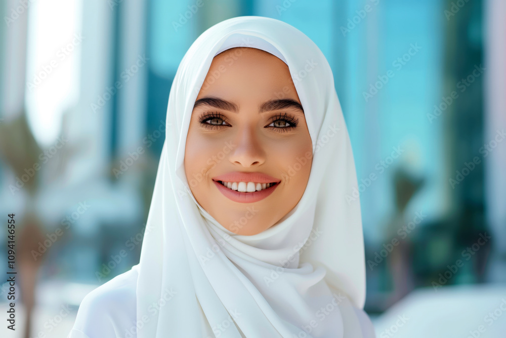 An Emirati woman in traditional attire smiles against a modern city backdrop during a sunny day An Emirati woman in traditional attire smiles against a modern city backdrop during a sunny day