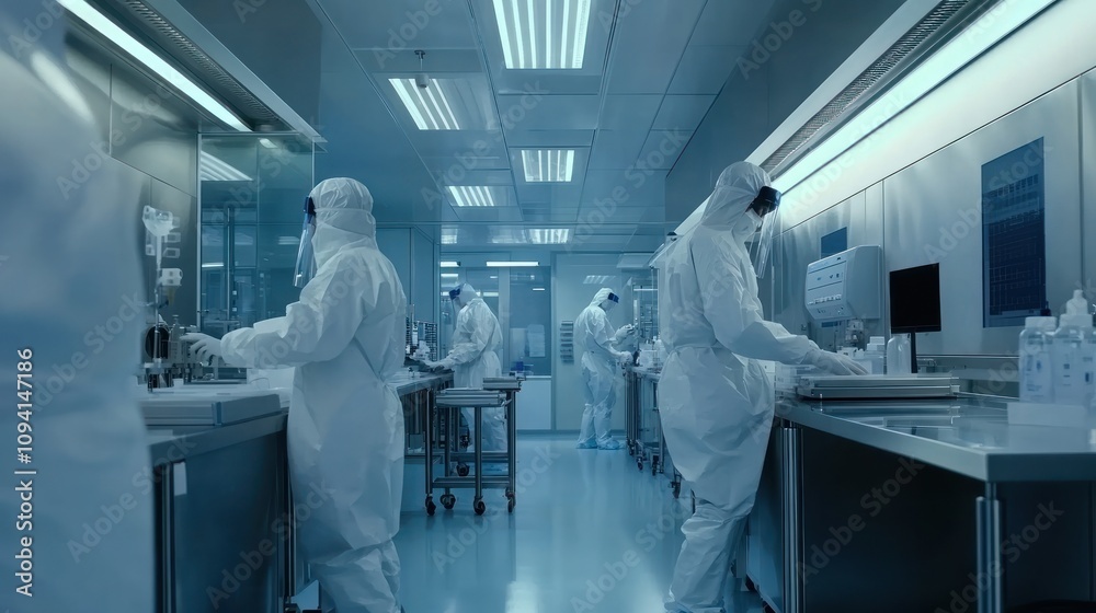 Naklejka premium A sterile laboratory environment with personnel in protective suits conducting scientific work.