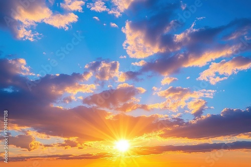 Stunning Sunset Sky with Golden Rays and Fluffy Clouds