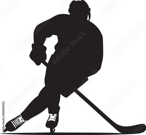 Black and white silhouette of an ice hockey player skating with stick and puck