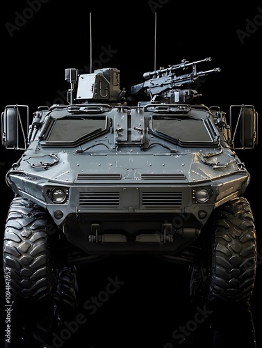 Front View of a Modern Multi-Wheel Armored Vehicle with Advanced Features