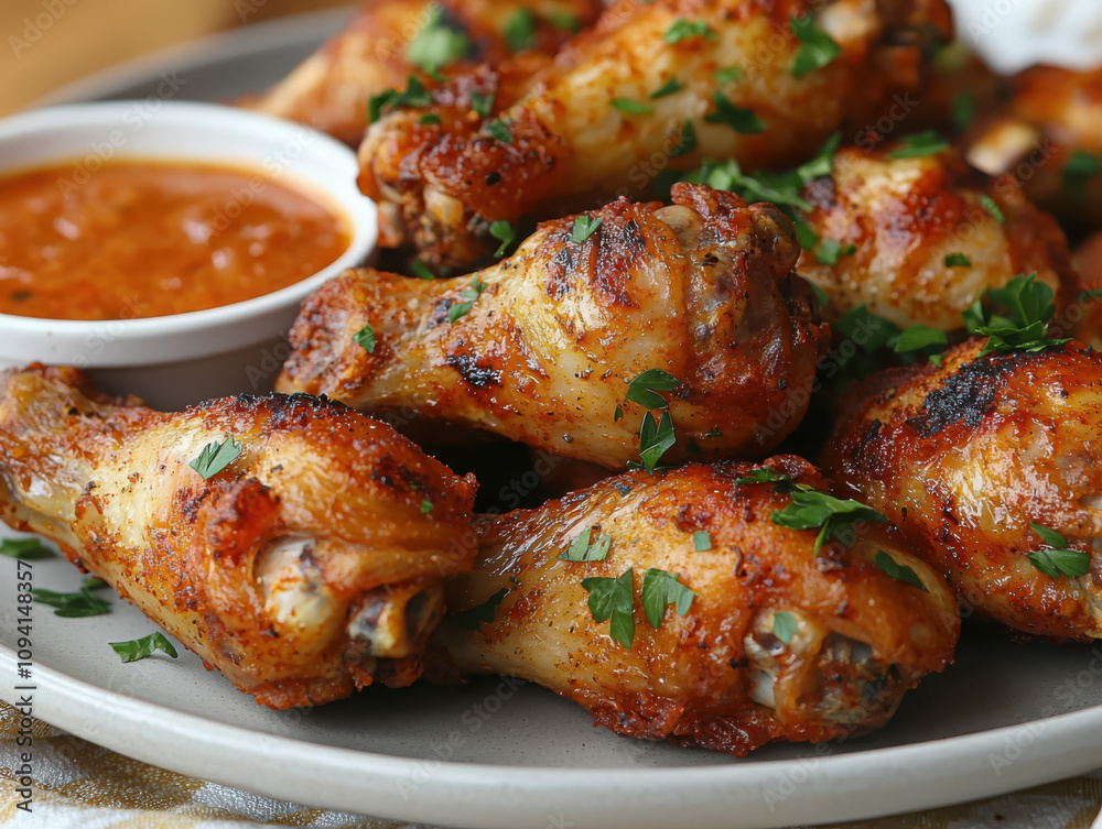 Savoring spicy fried chicken a closeup plate delight in a cozy kitchen setting Savoring spicy fried chicken a closeup plate delight in a cozy kitchen setting