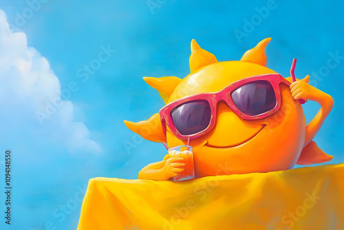 A cheerful sun character wearing sunglasses, enjoying a drink on a bright, sunny day.