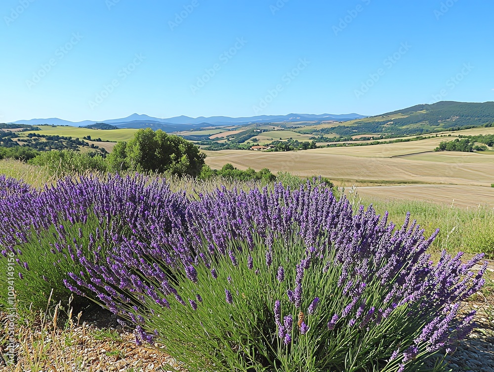 Obraz premium A field of lavender flowers blooms in the foreground, with rolling hills and mountains in the background. The sky is clear and blue.