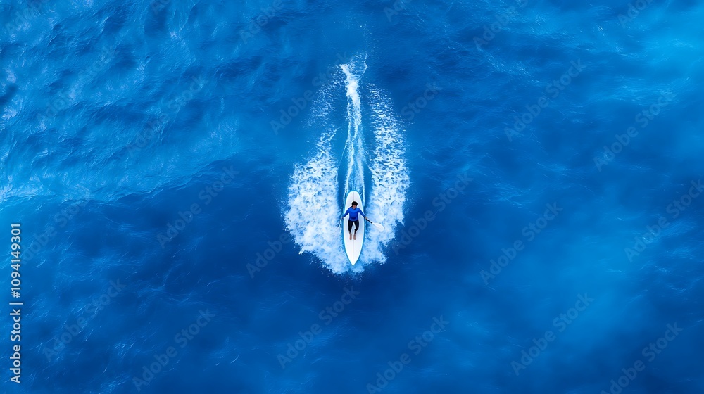Obraz premium Aerial View of Surfer on Paddleboard, Ocean Waves, Blue Water