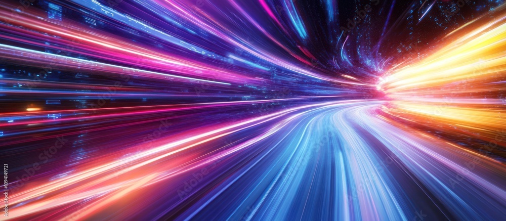Abstract vibrant light streaks depicting high-speed motion through a curved tunnel. Abstract vibrant light streaks depicting high-speed motion through a curved tunnel.