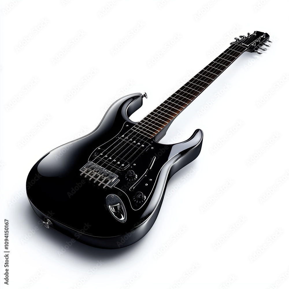 A sleek black electric guitar, showcasing its smooth body and detailed fretboard, perfect for rock and metal music enthusiasts. A sleek black electric guitar, showcasing its smooth body and detailed fretboard, perfect for rock and metal music enthusiasts.