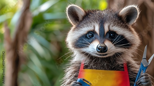 A curious and attentive raccoon wearing a workshop apron and holding a pair of pliers standing out against a bright white background with its vibrant colors and focused expression photo