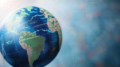 Macro closeup of a globe s continents with stock market data superimposed, modern tones, finance meets geography photo