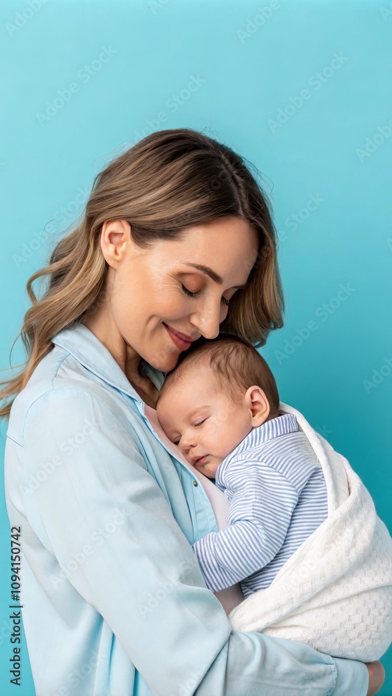 Loving mother embracing sleeping baby with tenderness on blue background Loving mother embracing sleeping baby with tenderness on blue background