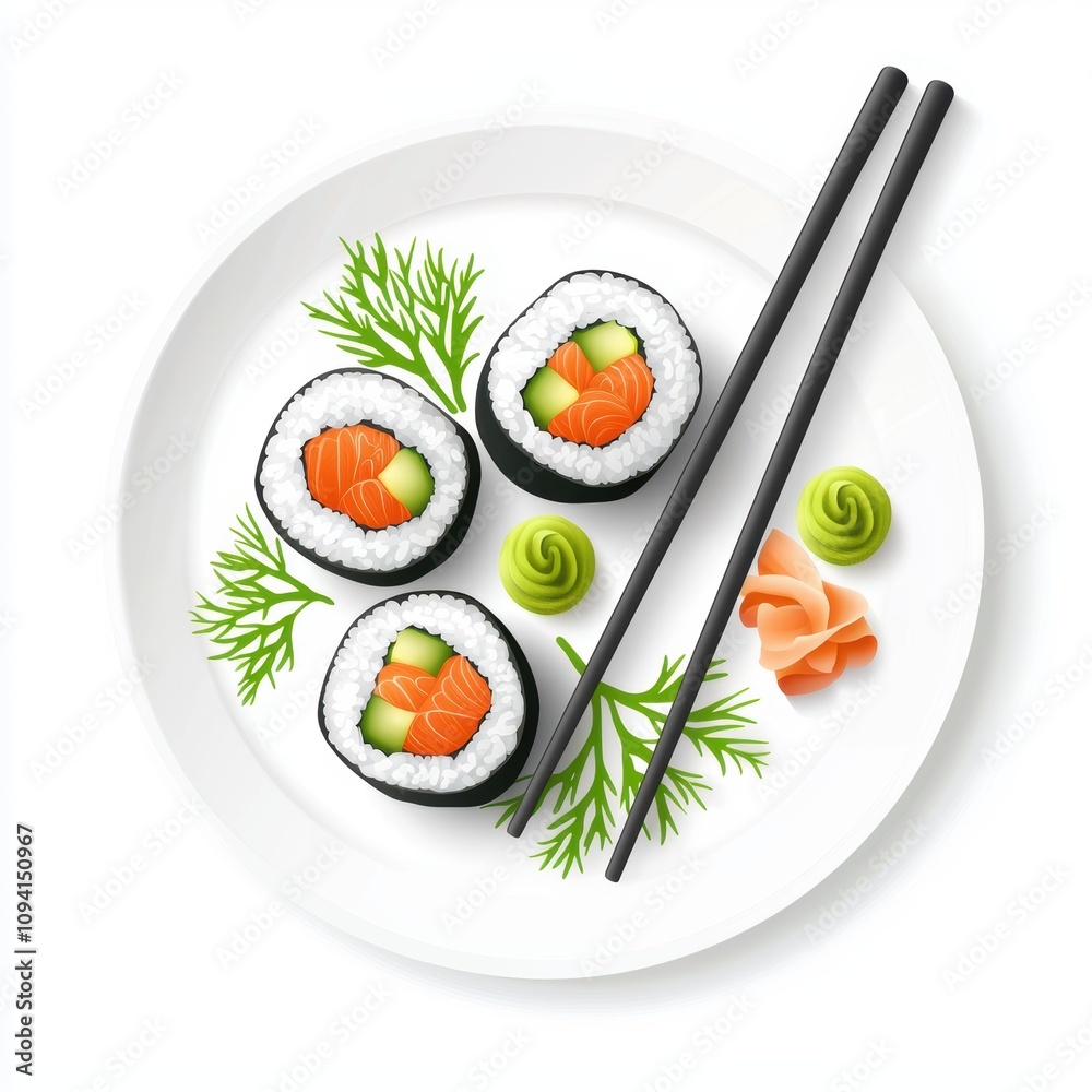 A plate of sushi featuring rolls with salmon and cucumber, garnished with wasabi, ginger, and fresh herbs, served with chopsticks. A plate of sushi featuring rolls with salmon and cucumber, garnished with wasabi, ginger, and fresh herbs, served with chopsticks.
