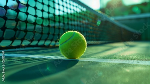 A pivotal moment in a tennis grand slam tournament, with a tennis ball captured in sharp focus just above the net