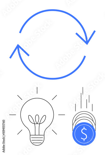 Circular arrow above light bulb and falling coins. Ideal for growth, innovation, investment, business, sustainability efficiency creative solutions. Line metaphor. Line metaphor. Simple line icons