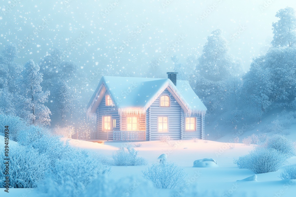 A cozy snow-covered house surrounded by a winter landscape.