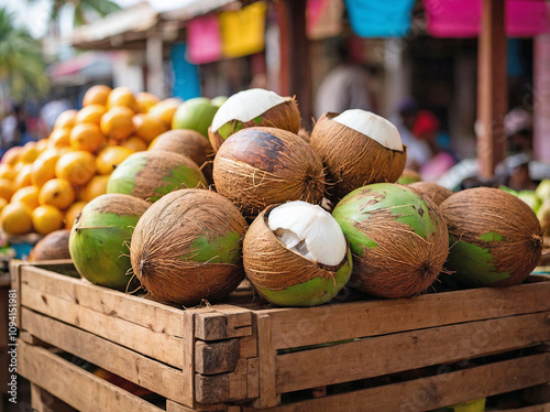 Coconuts at a Market Stall photo