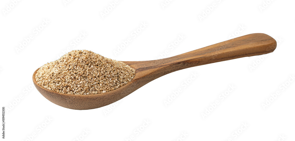 Finely isolated sesame flour displayed in a wooden spoon, side view. Finely isolated sesame flour displayed in a wooden spoon, side view.