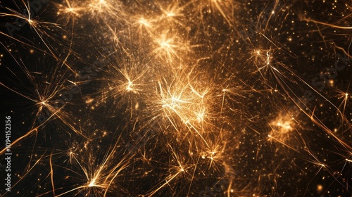 Abstract representation of glowing particles and sparks in a dark background.