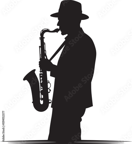 Musician playing saxophone black and white vector silhouette illustration