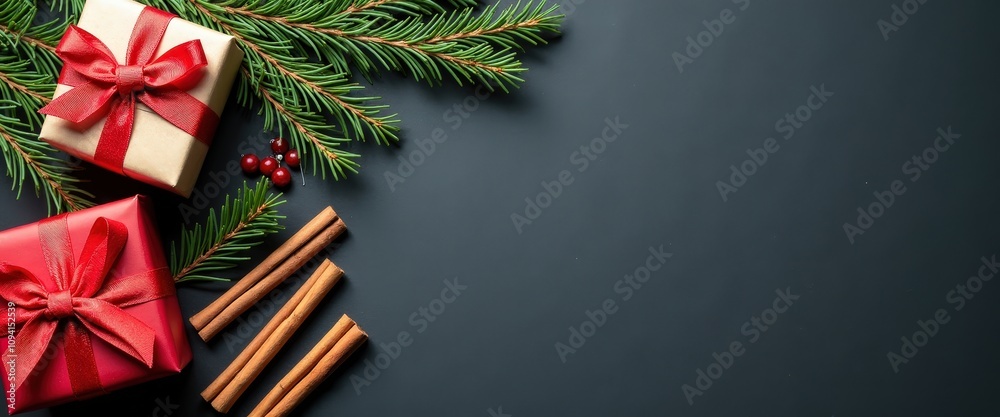 Flat lay of holiday season gifts, cinnamon sticks, and pine branches arranged on a dark background with space for your personalized Christmas message. Flat lay of holiday season gifts, cinnamon sticks, and pine branches arranged on a dark background with space for your personalized Christmas message.