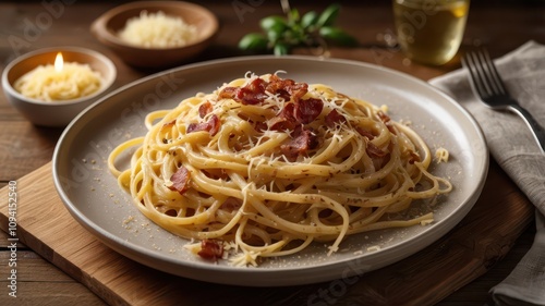  A perfectly plated dish of creamy spaghetti carbonara, with a glossy golden sauce, crispy pancetta, and a sprinkle of freshly grated Parmesan cheese, set on a rustic wooden table with soft natural li