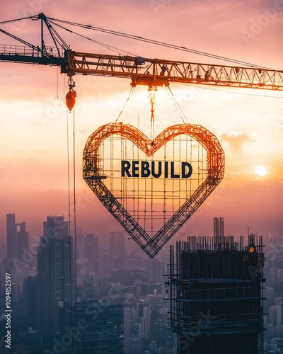 Rebuild logo on a Construction crane, creating a heart-shaped silhouette over a city skyline, symbolizing urban restoration and hope for the future
