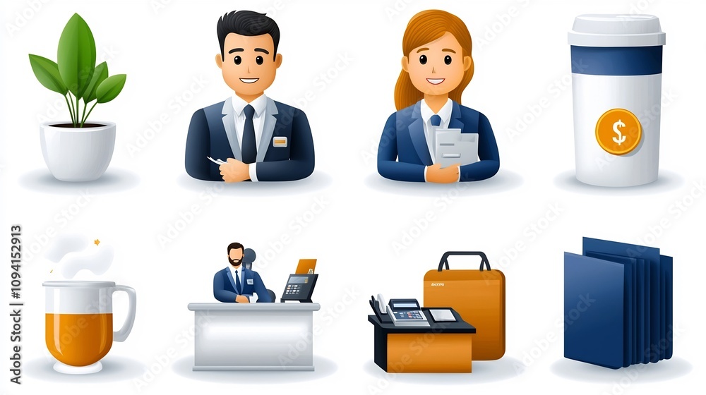 Collection of 15 icons illustrating various aspects of a reception desk including customer assistance cashier staff interactions featuring a clean minimalist design with editable stroke elements